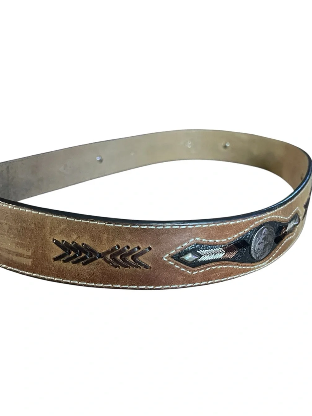 NOCOMA southwest inlay silver Concho Leather Belt. Size 38.